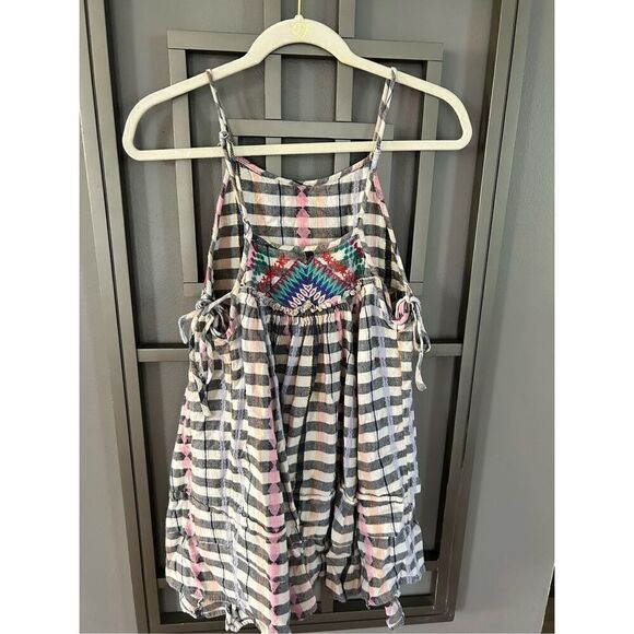 Urban Outfitters plaid embroidered baby doll top size XS pink cream - Picture 3 of 5